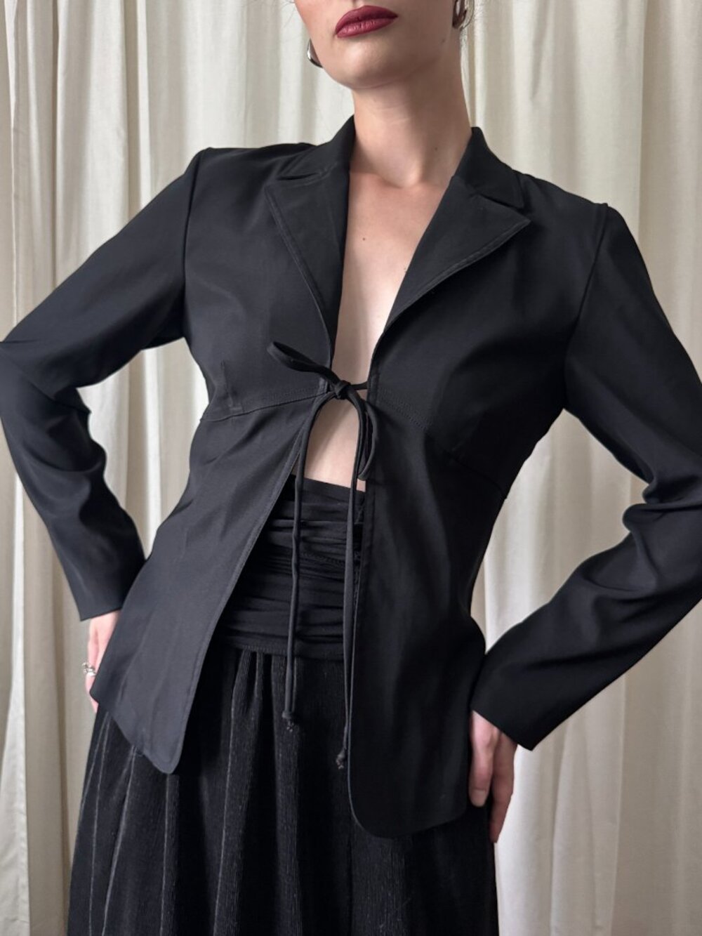 La Belle Black Tie Front Blazer Top Women's Small | Minimalist Tailored Jacket